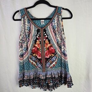 Bila Top Womens Medium Embroidered Flounce Gauze Floral Patchwork Boho Festival